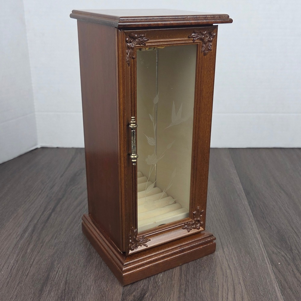 Vintage NOS 80s Wooden Jewelry Box Armoire Brown Etched Glass Cabinet Taiwan